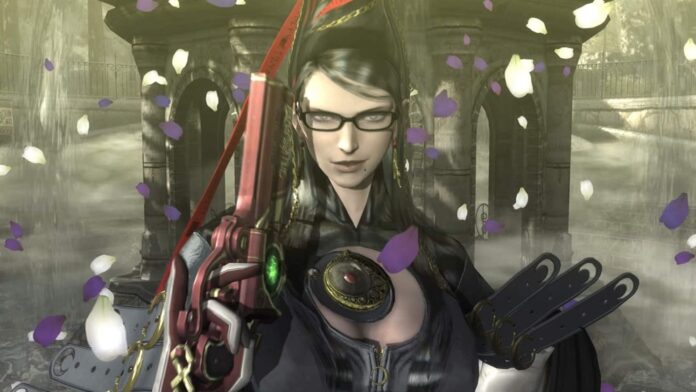ภาพตัวละครเอกจากเกม Bayonetta ถืออาวุธเตรียมต่อสู้ในฉากหลังสุดมืดหม่น