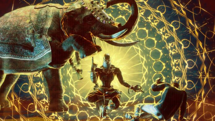 ฉากในเกม Street Fighter 6 ที่แสดงการต่อสู้ของ Dhalsim ซึ่งอยู่ในท่านั่งสมาธิ