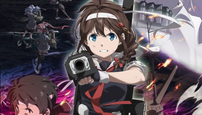 ภาพตัวละครหญิงสาว จากเกม Kantai Collection กำลังเล็งปากกระบอกปืนมาทางด้านหน้า