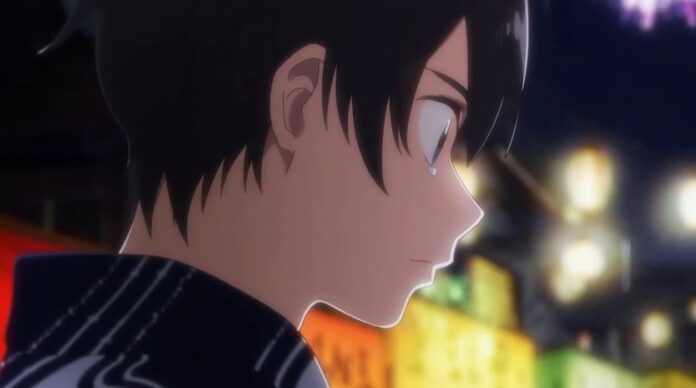 ตัวละครชายในอนิเมะมองด้านข้าง น้ำตาคลอเบ้า ท่ามกลางแสงไฟยามค่ำคืน