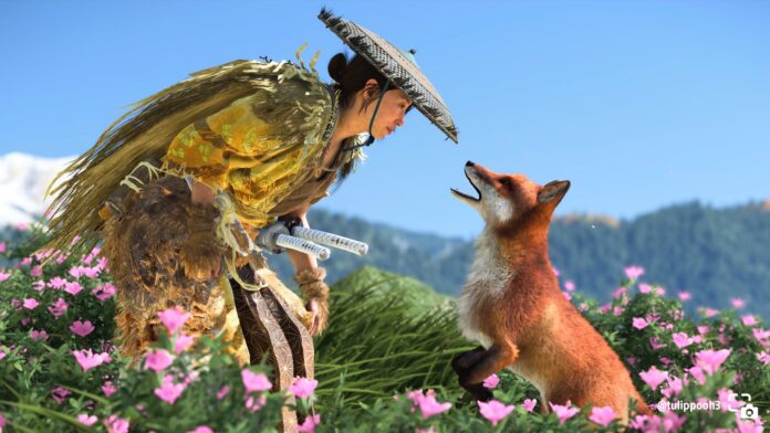 ภาพ Atsu จาก Ghost of Yōtei กำลังหยอกล้อกับสุนัขจิ้งจอก