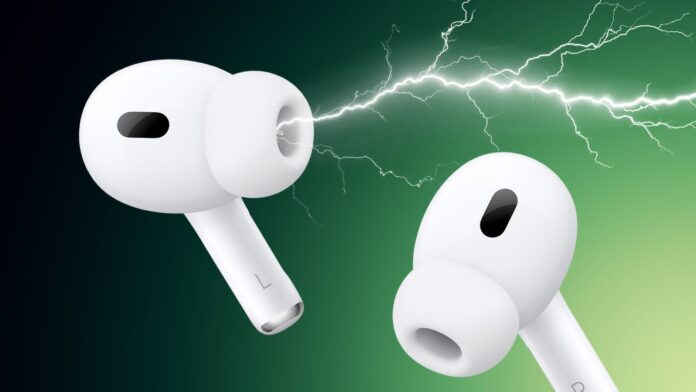 ภาพประกอบหูฟัง Apple AirPods Pro รุ่นแรก พร้อมพื้นหลังสีเขียว สื่อถึงประเด็นคดีความเรื่องปัญหาเสียงแตก