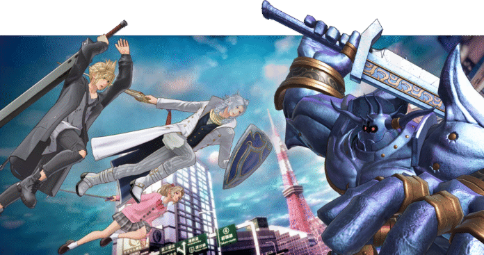 ภาพตัวละครจาก Final Fantasy ต่อสู้กับบอสยักษ์กลางโตเกียวจากเกม Dissidia Duellum Final Fantasy บนมือถือ