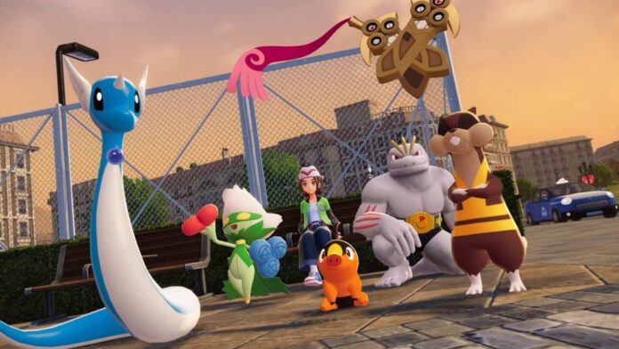 ตัวละครหลักจากเกม Pokemon Legends: Z-A นั่งอยู่กลางวงล้อมของโปเกมอนหลากหลายตัว บนฉากหลังสนามกลางเมืองช่วงเย็น
