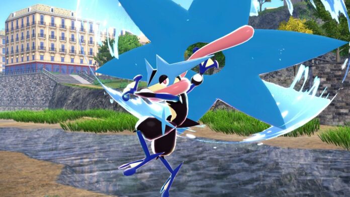 Greninja ใช้ท่าดาวนินจาน้ำในเกม Pokémon Legends: Z-A บริเวณย่าน Lumiose City