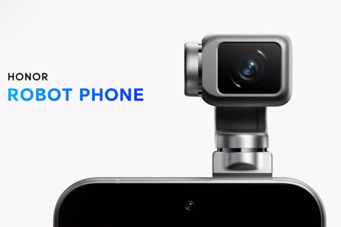 ภาพของ Honor Robot Phone สมาร์ตโฟนต้นแบบที่มีกล้องแบบแขนกลยื่นขึ้นมาจากตัวเครื่องด้านบน พร้อมโลโก้ HONOR และข้อความ “ROBOT PHONE”