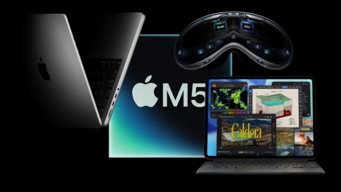 ภาพโปรโมตการเปิดตัวชิป Apple M5 แสดงอุปกรณ์ใหม่ 3 รุ่นที่ใช้ชิปนี้ ได้แก่ MacBook Pro 14 นิ้ว, iPad Pro รุ่นใหม่ และ Vision Pro