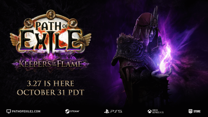 ภาพโปรโมตเกม Path of Exile: Keepers of the Flame อัปเดต 3.27 พร้อมลีกใหม่ มีตัวละครถือพลังเวทสีม่วงในฉากหลัง