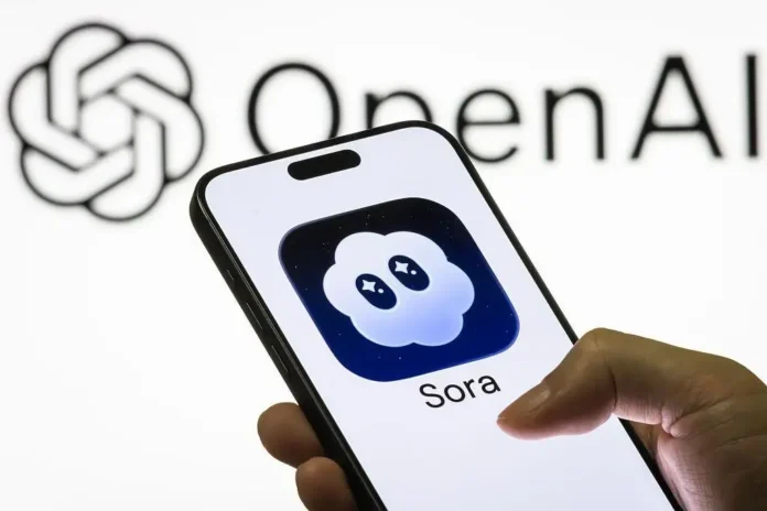 หน้าจอโทรศัพท์แสดงโลโก้แอป Sora ของ OpenAI พร้อมพื้นหลังโลโก้ OpenAI