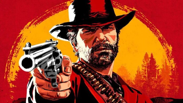 อาร์เธอร์ มอร์แกน ชี้ปืนมาทางหน้าจอในภาพโปรโมตสไตล์วาดมือของเกม Red Dead Redemption 2