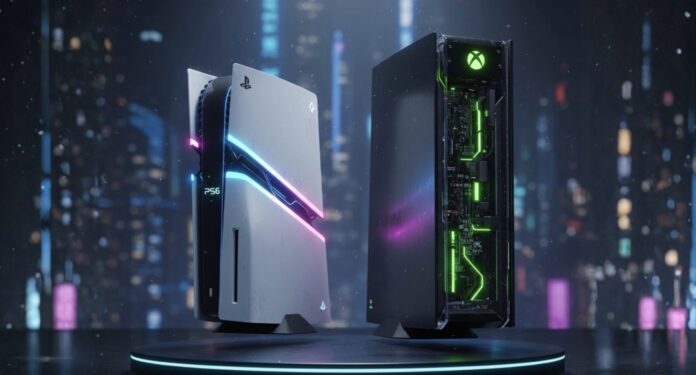 ภาพคอนเซ็ปต์ PS6 และ Xbox รุ่นใหม่วางคู่กันฉากหลังแสงสีดูล้ำยุค