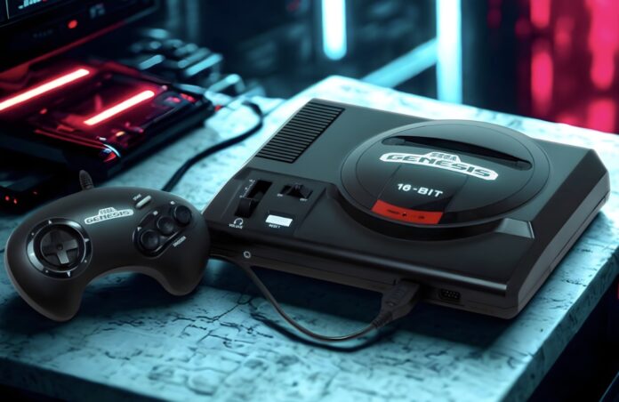 ภาพเครื่อง Mega Drive พร้อมจอย ในฉากหลังดูล้ำอนาคต
