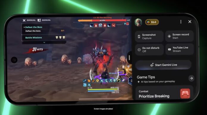 ภาพแถบด้านข้างใหม่ที่รองรับการใช้งาน Gemini Live ขณะเล่นเกม