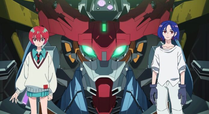 ตัวละครจาก Gundam GQuuuuuuX ยืนอยู่หน้า Gundam พร้อมฉากหลังธีมอนิเมะสไตล์ไซไฟ