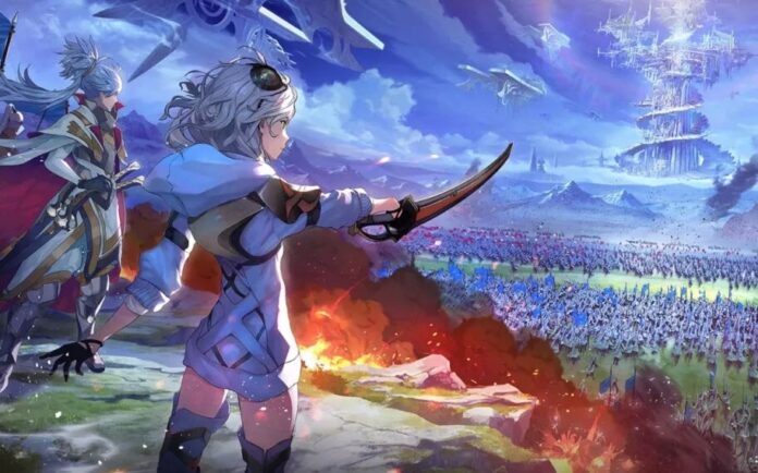 ฉากกองทัพในเกม Emberstoria ตัวละครหญิงถือดาบยืนสั่งการหน้าสนามรบ
