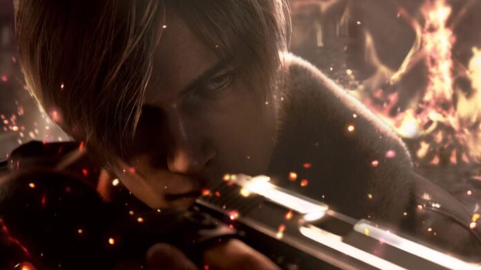 ภาพ Leon จากเกม Resident Evil เล็งปืนไปทางด้านหน้าด้วยสีหน้าจริงจัง