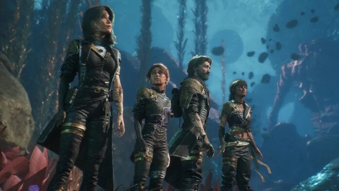 กลุ่มตัวละครในชุดสำรวจยืนอยู่ในสภาพแวดล้อมใต้ทะเลลึกจากเกม Clair Obscur: Expedition 33