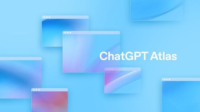 ภาพโปรโมตเบราว์เซอร์ใหม่ ChatGPT Atlas จาก OpenAI แสดงหน้าต่างเว็บดีไซน์เรียบหรูโทนสีฟ้าและม่วง