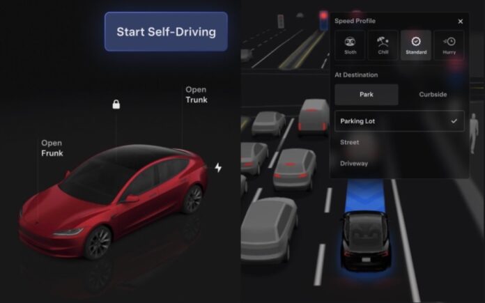 หน้าจอ Tesla FSD V14.1 แสดงปุ่ม Start Self-Driving และตัวเลือกจุดจอดปลายทาง