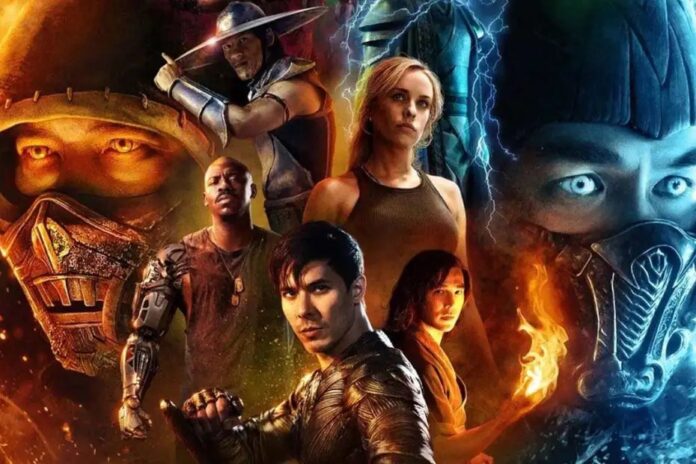 โปสเตอร์ภาพยนตร์ Mortal Kombat แสดงตัวละครหลักจากแฟรนไชส์เกมต่อสู้ชื่อดังอย่าง Scorpion, Sub-Zero, Liu Kang, Jax, Sonya Blade, Cole Young และ Raiden