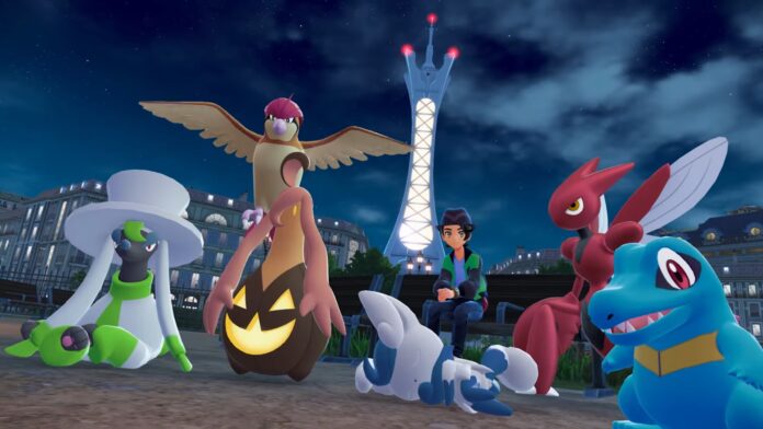 เทรนเนอร์นั่งข้างหอคอยยามค่ำคืน รายล้อมด้วยโปเกมอนหลากหลายจากเกม Pokémon Legends Z-A