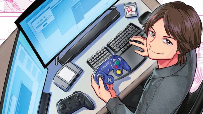 ภาพประกอบมังงะชีวประวัติ Masahiro Sakurai เงยหน้ามองพร้อมรอยยิ้มบนโต๊ะทำงาน