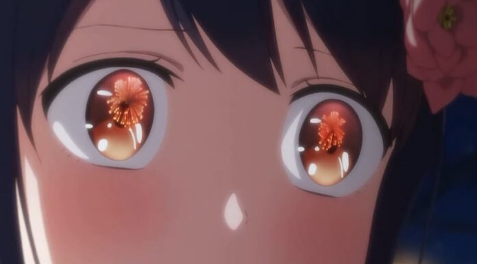 ภาพระยะใกล้ของดวงตาตัวละครอนิเมะที่สะท้อนแสงดอกไม้ไฟ