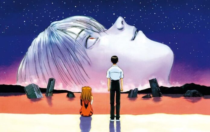 ชินจิและอาสึกะยืนอยู่ริมทะเลต่อหน้าใบหน้าขนาดยักษ์ของเรย์ ฉากจบจากภาพยนตร์ The End of Evangelion