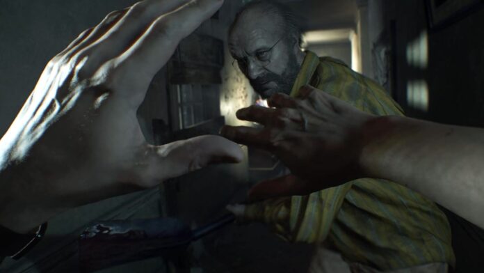 ฉากในเกม Resident Evil 7: Biohazard ที่ตัวเอกเผชิญหน้ากับ Jack Baker ภายในบ้าน Baker Mansion