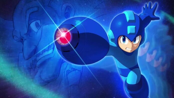 ภาพโปรโมต Mega Man ตัวละครเอกจากเกมคลาสสิกของ Capcom พร้อมฉากหลังเป็นศัตรูในซีรีส์