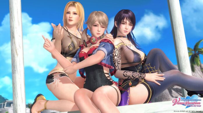 ตัวละครหญิง 3 คนจาก Dead or Alive Xtreme Venus Vacation โพสท่าบนชายหาด