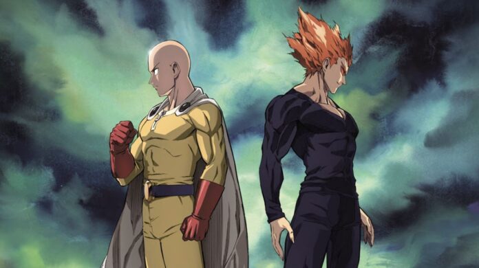 ภาพของ Saitama และ Garou จาก One-Punch Man ยืนหันหลังใส่กันท่ามกลางฉากท้องฟ้ามืดหม่น
