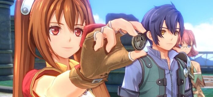 Estelle และ Joshua จาก Trails in the Sky เวอร์ชันรีเมคกำลังถือเหรียญในฉากหนึ่งของเกม
