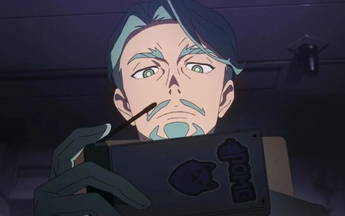 ภาพโคลสอัปของ Challia Bull จาก Gundam GQuuuuuuX กำลังมองหน้าจออุปกรณ์ในฉากมืด