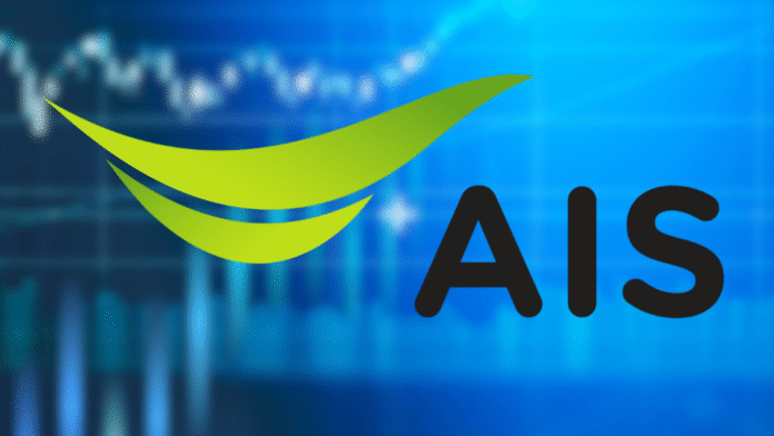 โลโก้ AIS บนพื้นหลังกราฟแสดงผลประกอบการและดัชนีตลาด