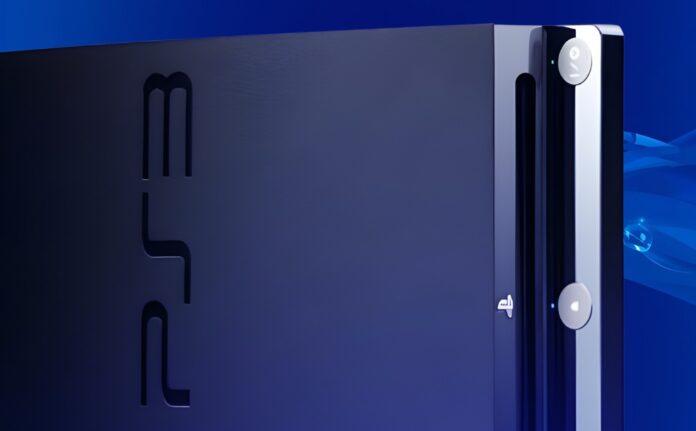 ภาพระยะใกล้ของเครื่องเล่นเกม PlayStation 3 มุมด้านหน้า