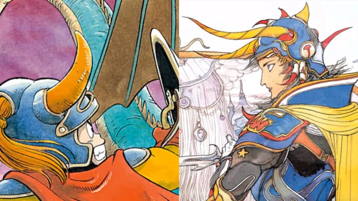 ภาพวาดตัวละครจาก Dragon Quest และ Final Fantasy แบบเทียบกันสองฝั่ง แสดงเอกลักษณ์งานอาร์ตและสไตล์ของสองแฟรนไชส์ RPG ชั้นนำ