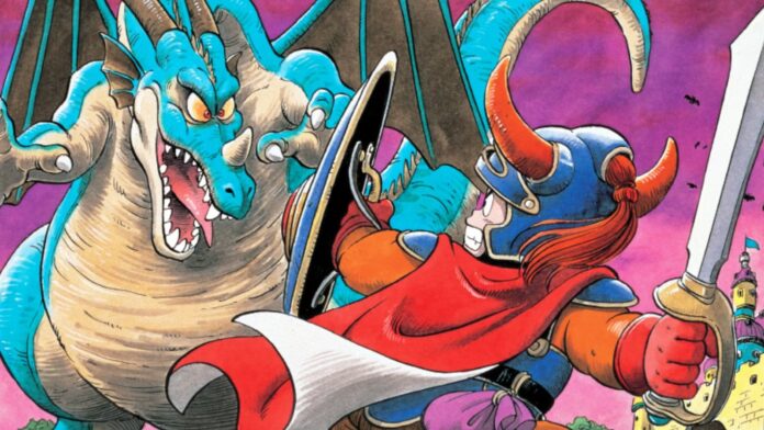 ภาพฮีโร่จาก Dragon Quest ฟันดาบต่อสู้กับมังกรสีน้ำเงินในสไตล์ศิลปะต้นฉบับของซีรีส์