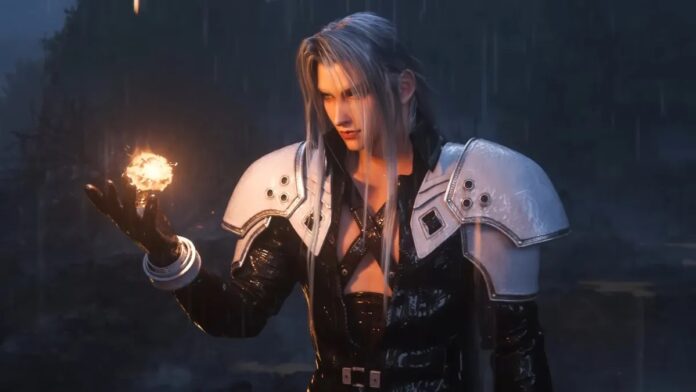 Sephiroth จาก Final Fantasy VII ร่ายเวทไฟในมือ ท่ามกลางสายฝน