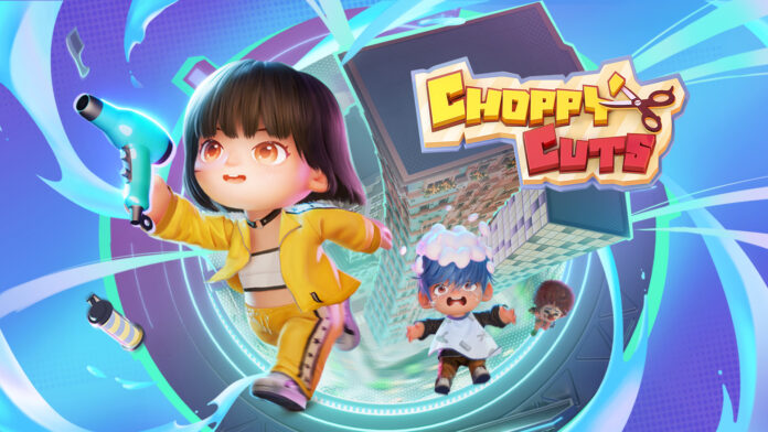 ตัวละครสไตล์การ์ตูนจากเกม Choppy Cuts วิ่งออกมาจากร้านตัดผมพร้อมถือไดร์เป่าผม พื้นหลังเป็นอาคารร้านซาลอนหมุนวนในพอร์ทัลพลังงาน