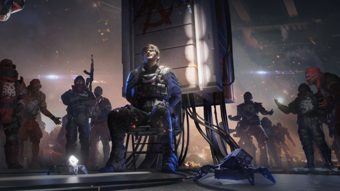 ชายในชุดรบถูกมัดติดกับเก้าอี้ในห้องแล็บท่ามกลางศัตรูที่สวมชุดแดงและอาวุธครบมือ ภาพโปรโมตซีซัน Ahsarah เกม Garena® Delta Force