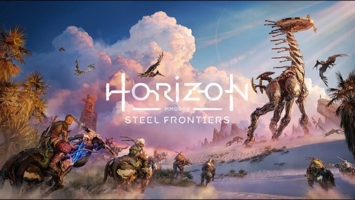 ภาพโปรโมต เกม Horizon Steel Frontiers แนว MMORPG บนมือถือ แสดงฉากนักล่าเครื่องจักรขี่สัตว์จักรกล พร้อมหุ่นยักษ์ทรงสูงในจักรวาล Horizon