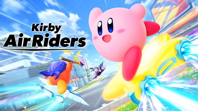 Kirby ขี่ดาวสีทองพุ่งไปข้างหน้าในเกม Kirby Air Riders