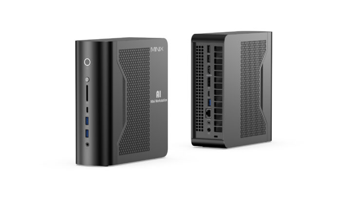 MINIX Elite ER939-AI มินิพีซีขนาดเล็กดีไซน์ทันสมัย แสดงให้เห็นทั้งด้านหน้าและด้านหลัง พร้อมพอร์ตเชื่อมต่อครบครัน