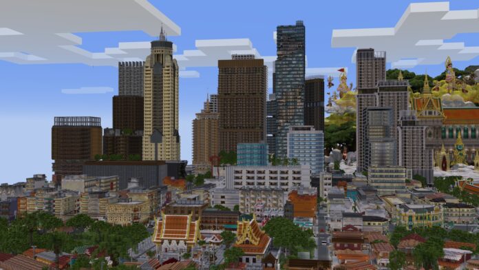 ภาพแผนที่ Minecraft จากทีมไทยในงาน MrBeast - World Wide Building Challenge แสดงตึกสูงในกรุงเทพฯ วัดไทย และตัวละครจากวรรณคดีไทย