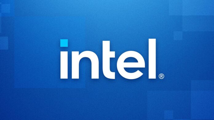 โลโก้ Intel บนพื้นหลังสีน้ำเงิน