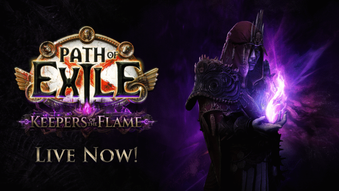 ภาพโปรโมตเกม Path of Exile: Keepers of the Flame แสดงโลโก้เกม มีตัวละครชุดเกราะสีเข้มถือพลังเวทสีม่วงเปล่งแสงในมือ
