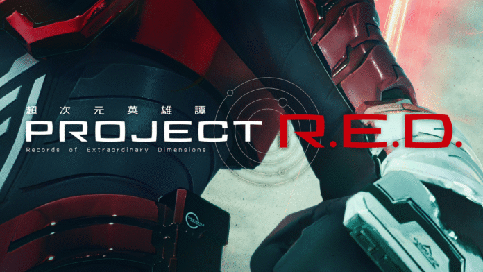 ภาพโปรโมต Project R.E.D. พร้อมคำว่า “Records of Extraordinary Dimensions” และตัวละครฮีโร่สวมชุดเกราะสีแดง