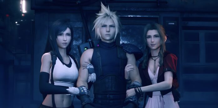 Aerith และ Tifa ยืนกอดแขน Cloud จากเกม Final Fantasy VII Remake