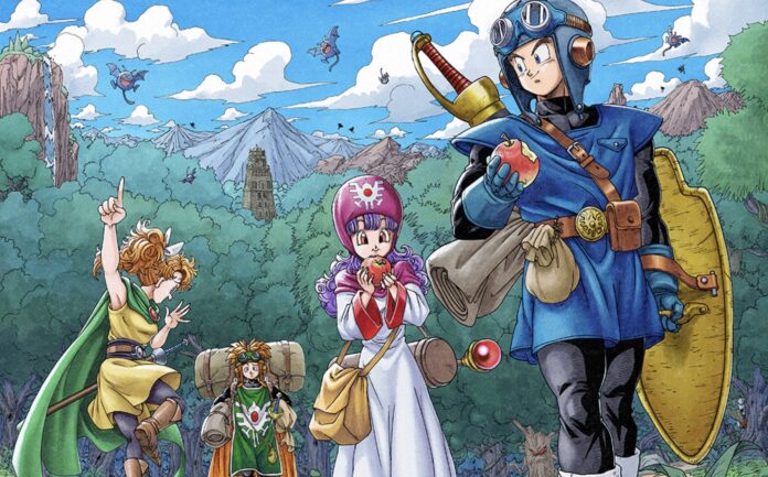 ภาพโปรโมตเกม Dragon Quest I & II HD-2D Remake แสดงตัวละครหลักสี่คนออกเดินทางในทุ่งเขียวชอุ่ม ท้องฟ้าเปิดกว้าง